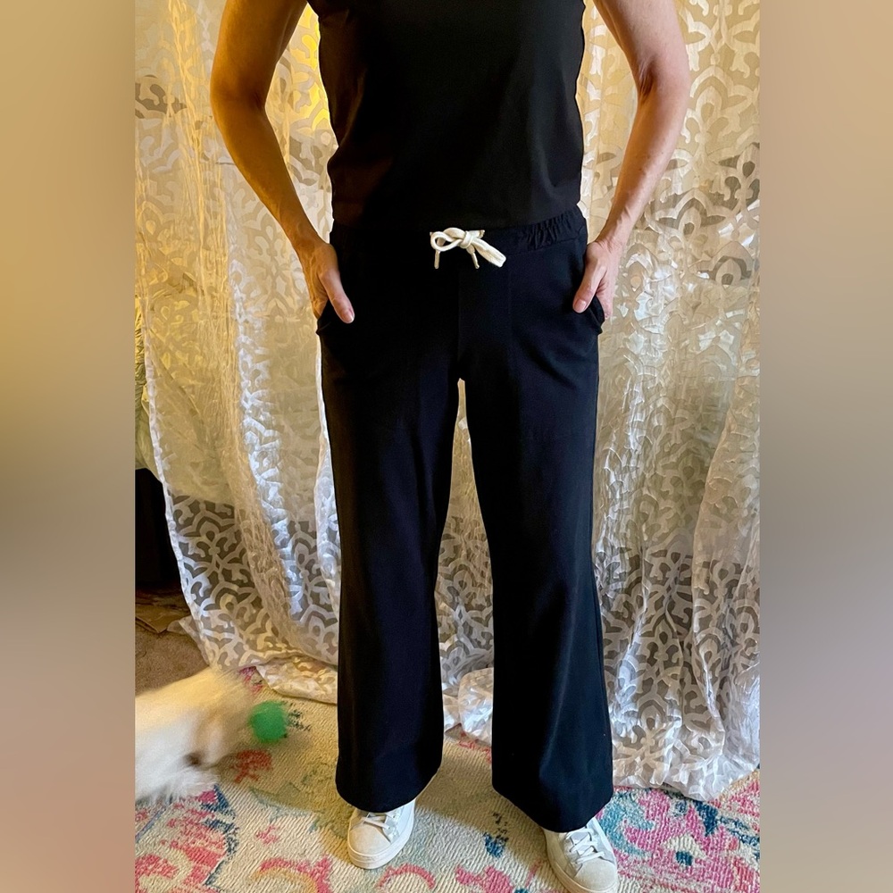 ME+EM Black Wide Leg Drawstring Lounge Pants with White Tie Sz small